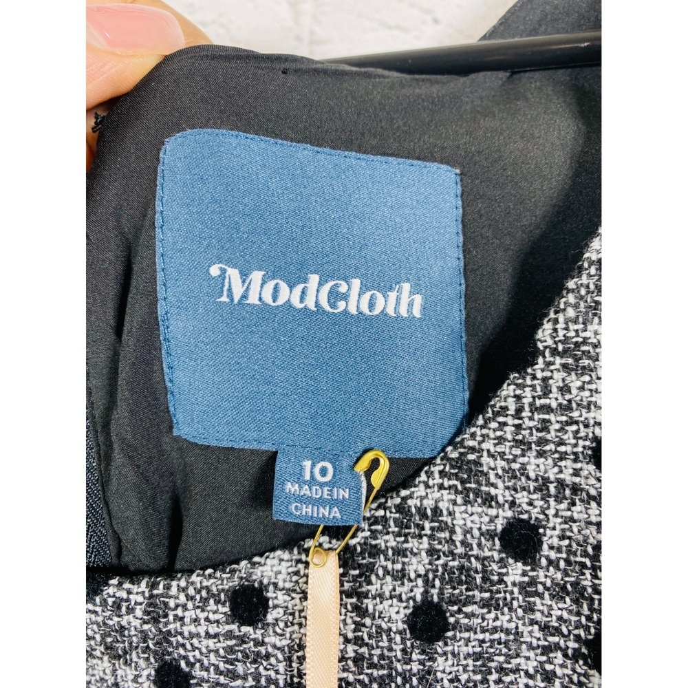 ModCloth Dress Womens 10 Fit and Flare Grey Polka Dot NWT Belted Pockets Tweed - Picture 5 of 10